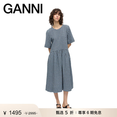【甄选折扣】GANNI女装 蓝色复古格纹泡泡纱连衣裙长裙 W0696326