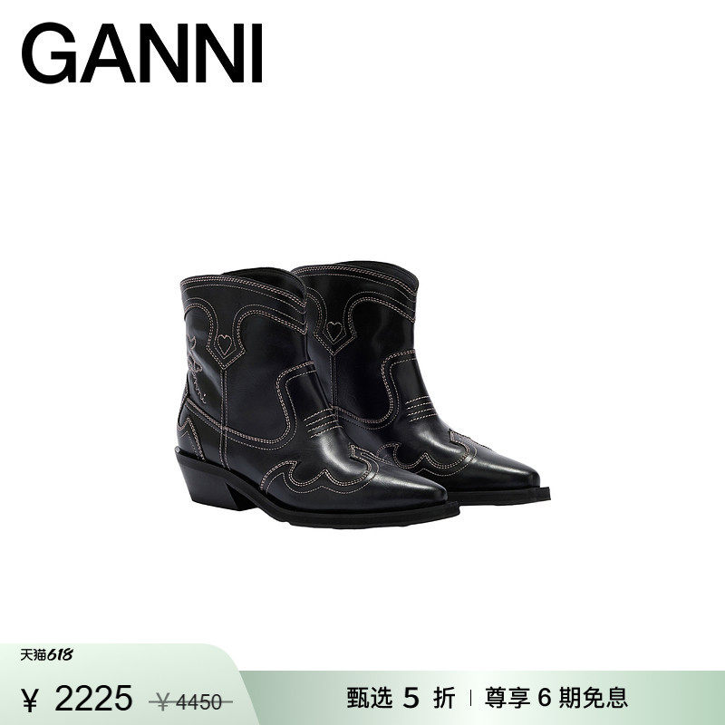 【惊喜首降】GANNI女鞋 精美缝线短筒西部靴时尚靴子 B1010028475