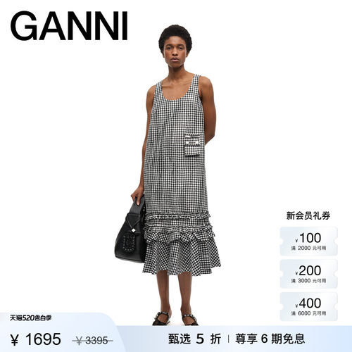 【甄选折扣】GANNI女装 黑白格纹U领荷叶边背心裙连衣裙 W0463099