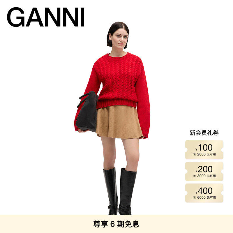GANNI女装 经典优雅编织红色宽松长袖针织衫套头毛衣 A107005305P
