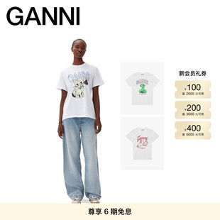 GANNI女装 T恤内搭上衣 手绘动物印花圆领正肩短袖