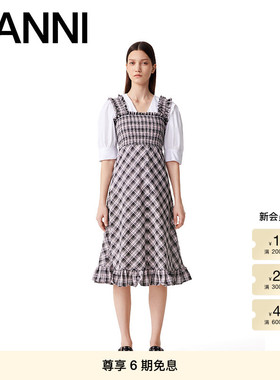 GANNI女装 淡紫色甜美格纹荷叶边泡泡纱吊带连衣裙中裙 F9636428