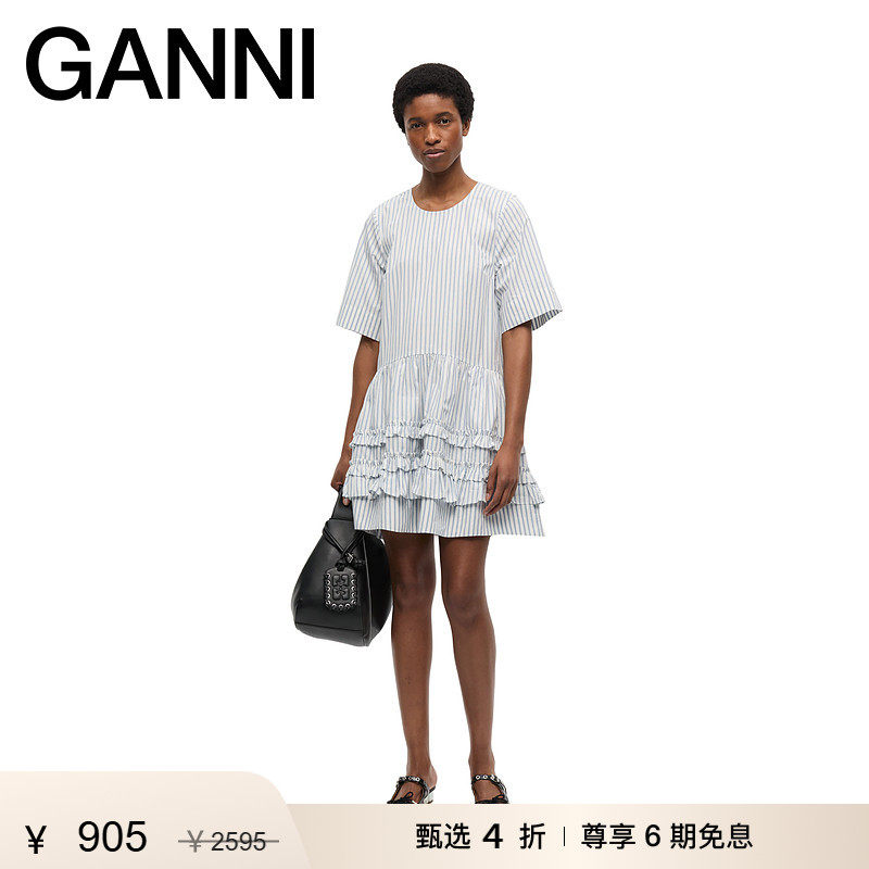 【甄选折扣】GANNI女装 条纹棉质系带短袖圆领短裙连衣裙W0609135