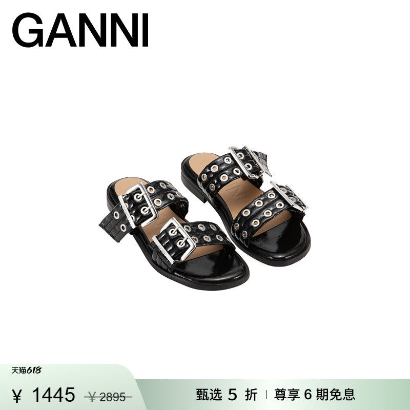 【甄选折扣】GANNI女鞋 双搭扣系带孔眼露趾时尚平底凉鞋S2664099