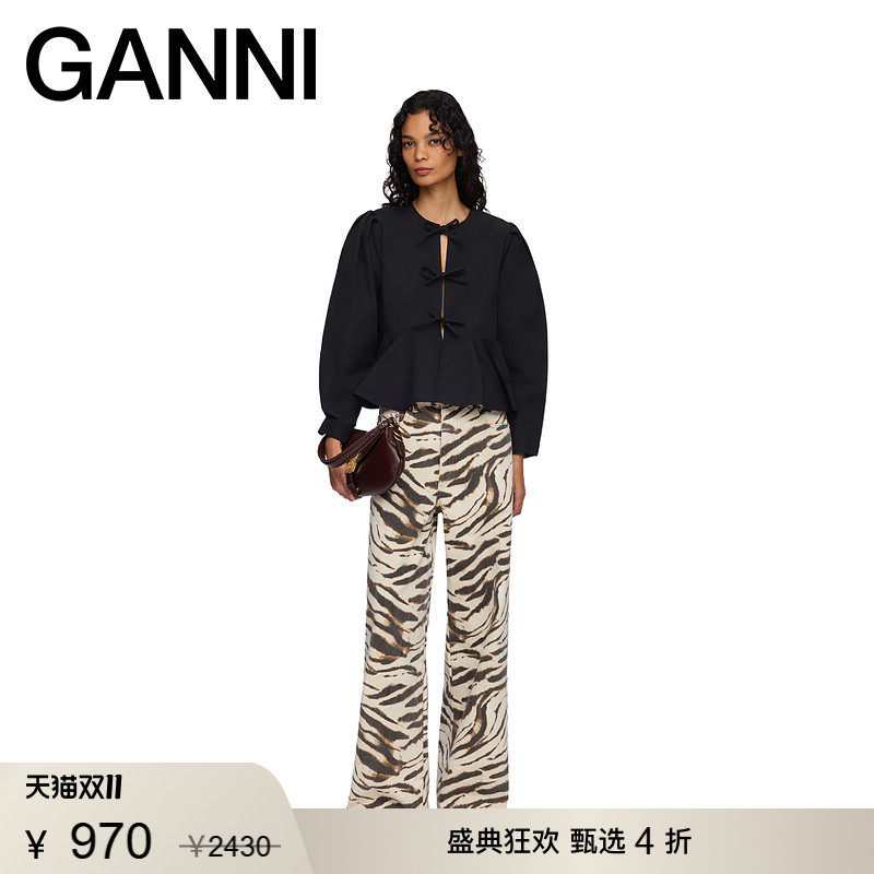 【甄选折扣】GANNI女装 系带黑色宽松荷叶边长袖上衣 A1040486099