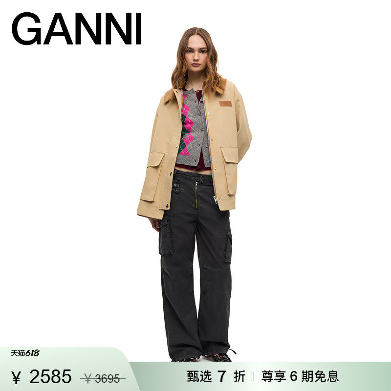 【甄选折扣】GANNI女装驼色巴恩风翻领中长工装夹克外套 W0757531