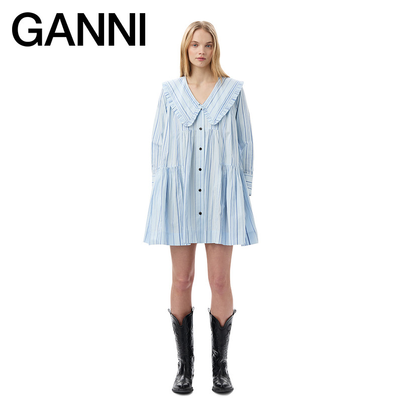 【独家惊喜盒】GANNI女装 石楠色条纹娃娃领宽松连衣裙 F9684694