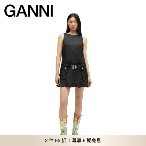 【2件85折】GANNI女装 法式黑色背心优雅无袖连衣裙 A1030167099