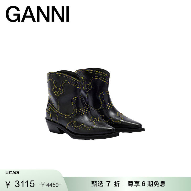 【甄选折扣】GANNI女鞋 复古刺绣及踝靴西部靴骑士靴 B1010028358
