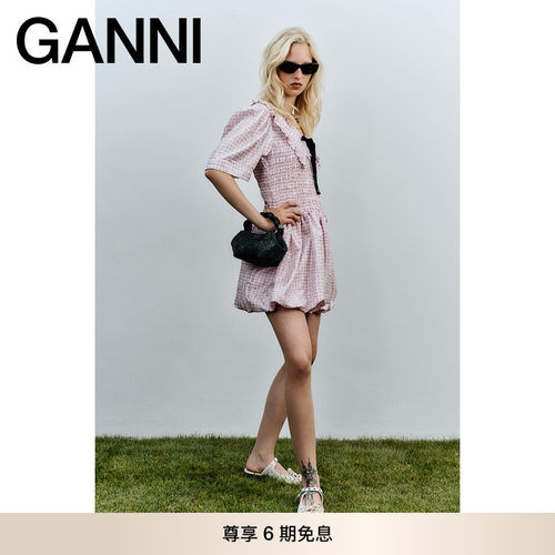 GANNI女装 粉色格纹百搭系带休闲风泡泡袖连衣裙茶歇裙 W0603038