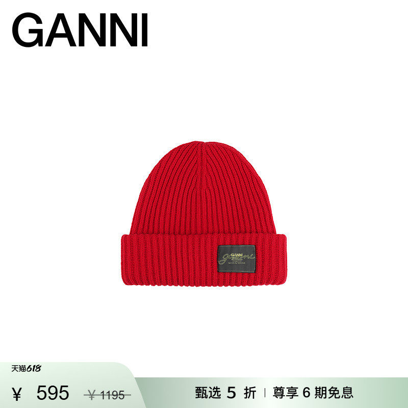 【甄选折扣】GANNI女士 赛车红帽子保暖毛线帽针织帽 A6833474