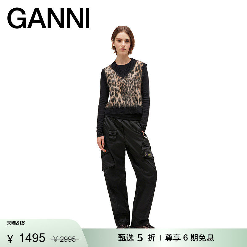 【惊喜首降】GANNI女装 豹纹V领马甲背心无袖毛衣针织衫 K2663943