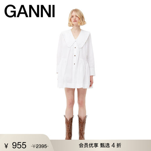 GANNI约会连衣裙娃娃领棉小白裙