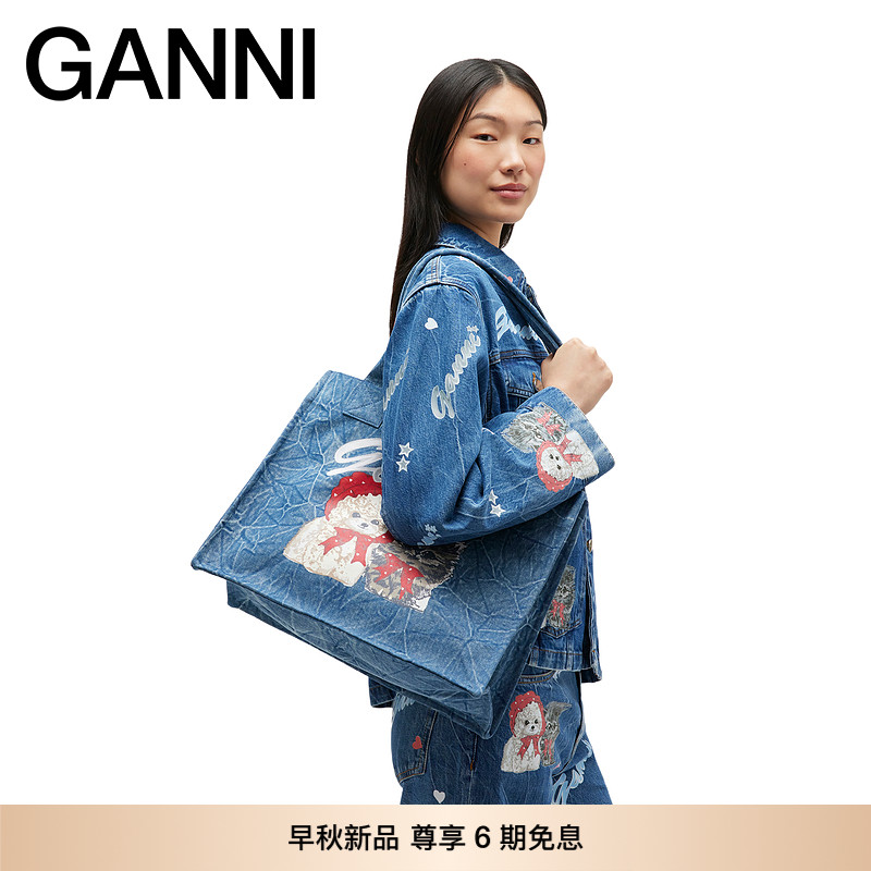 【早秋新品】GANNI女包 牛仔布趣味印花托特包便携手提包A7282698