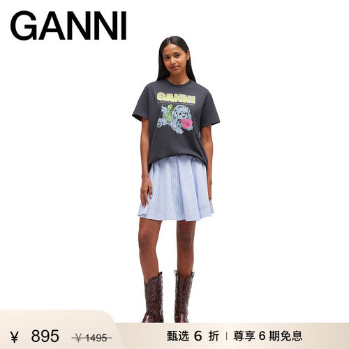 【甄选折扣】GANNI女装 纯棉小狗印花短袖衫夏季黑色T恤 T4333252