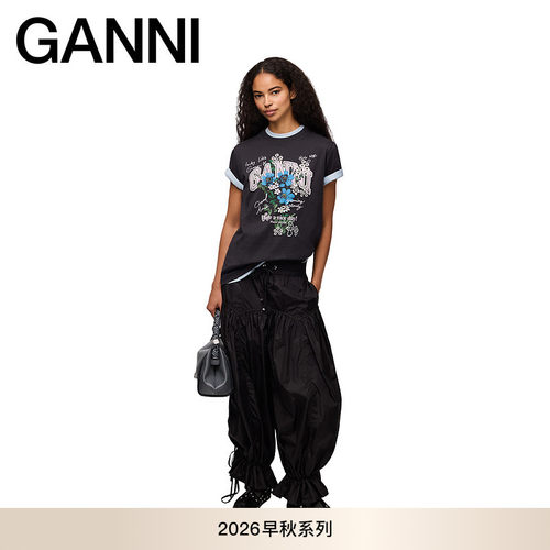 【早秋新款】GANNI女装 花卉印花T恤衫黑色纯棉短袖 A1050331252