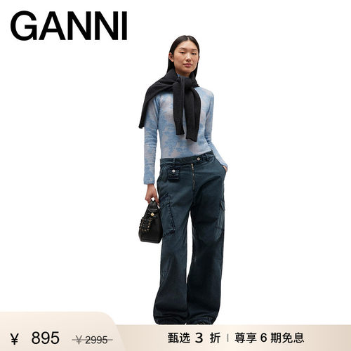 【甄选折扣】GANNI女装 海军蓝多口袋百搭直筒阔腿工装裤W1011683