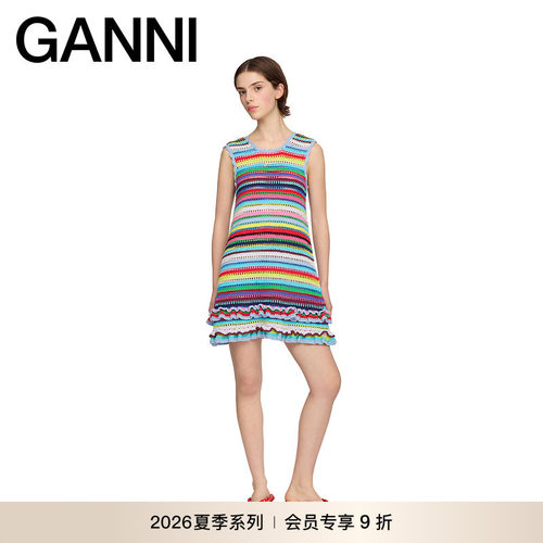 【夏季新款】GANNI女装 度假风A字裙彩色条纹连衣裙 A1030570999