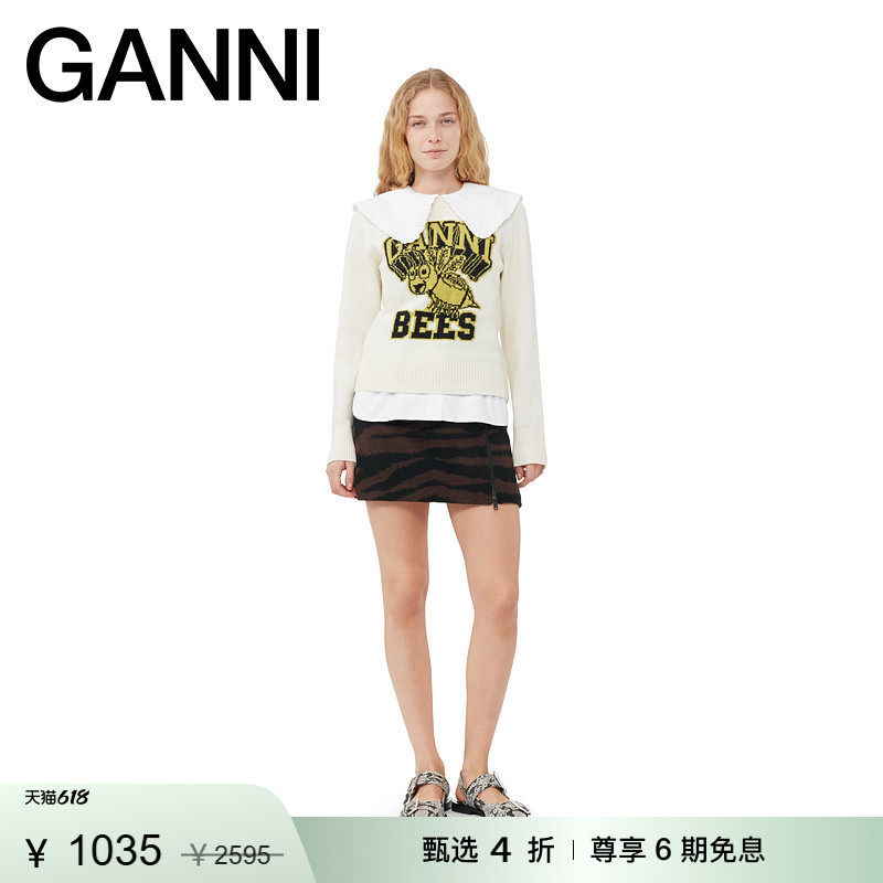 【甄选折扣】GANNI女装 白蜜蜂图案圆领毛衣针织衫上衣 K1967135