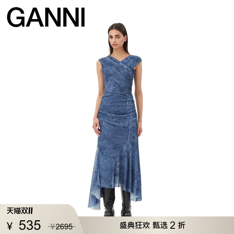 【甄选折扣】GANNI女装 复古长裙夏优雅背心修身连衣裙 T4075630