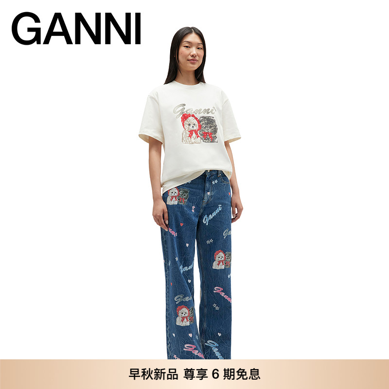 【早秋新品】GANNI女装 纯色趣味猫狗印花宽松短袖T恤 T4409135