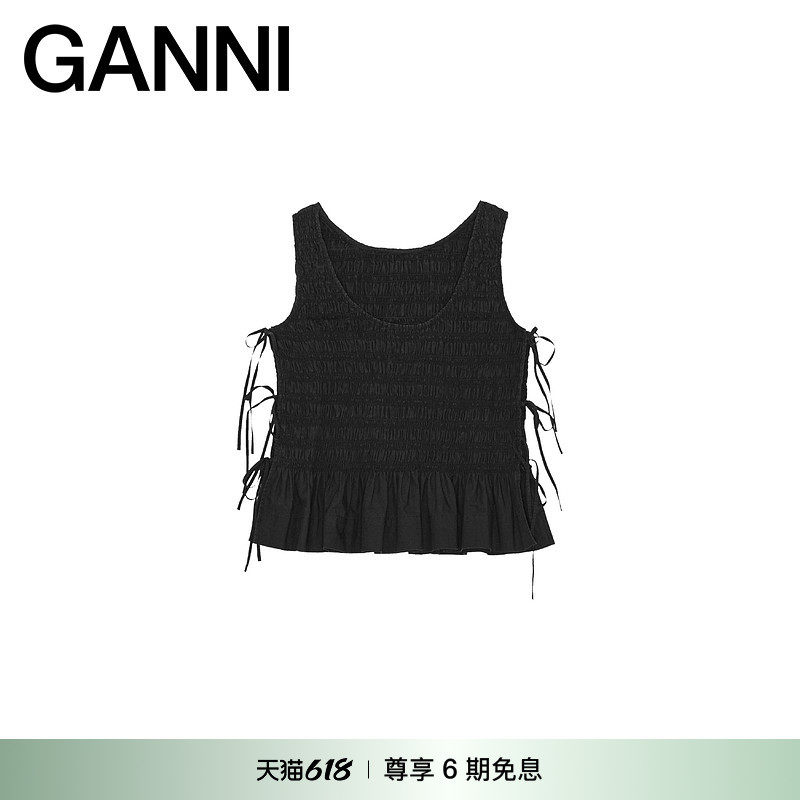 GANNI女装 黑色系带褶边系带无袖上衣背心 W0565099