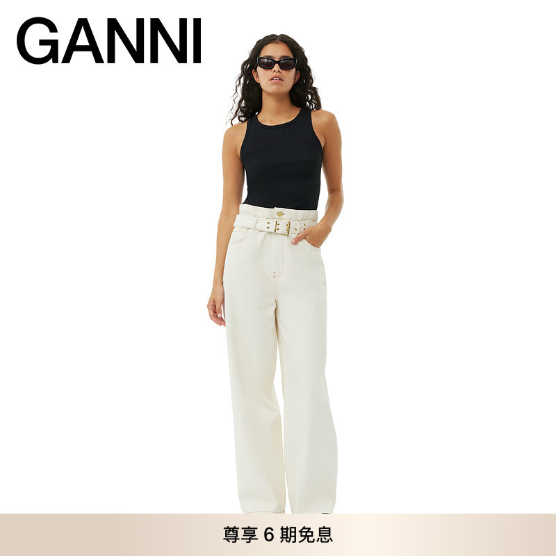 GANNI女装 白鹭色高腰秋季休闲百搭长裤时尚阔腿牛仔裤 J1431135图片