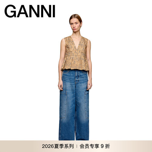 【新品会员9折】GANNI女装 印花V领夏无袖荷叶边背心 A1040272ZZT