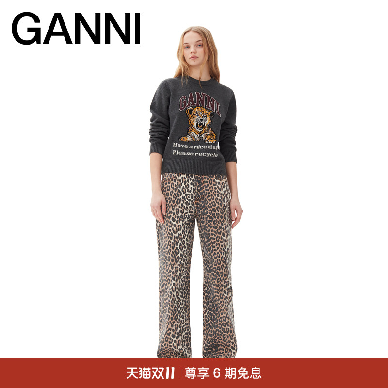 【明星同款】GANNI女装 lzey豹纹印花宽松牛仔裤直筒裤 J1527943
