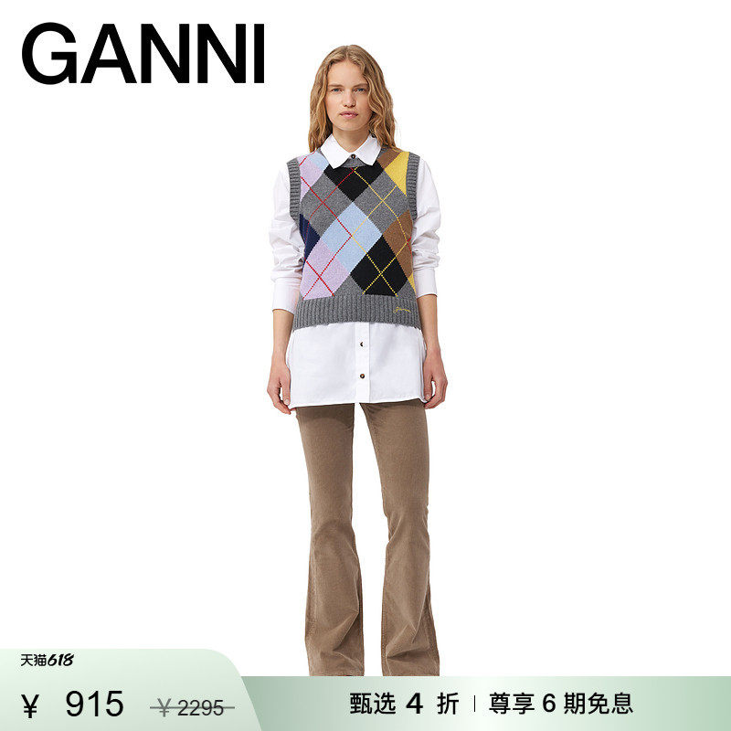 【甄选折扣】GANNI女装 菱格纹针织款上衣马甲毛衣背心 K2101523