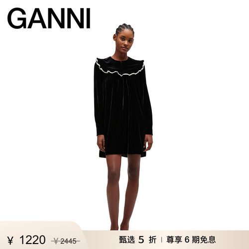 【甄选折扣】GANNI女装 优雅茶歇风翻领天鹅绒连衣裙 A1030110099