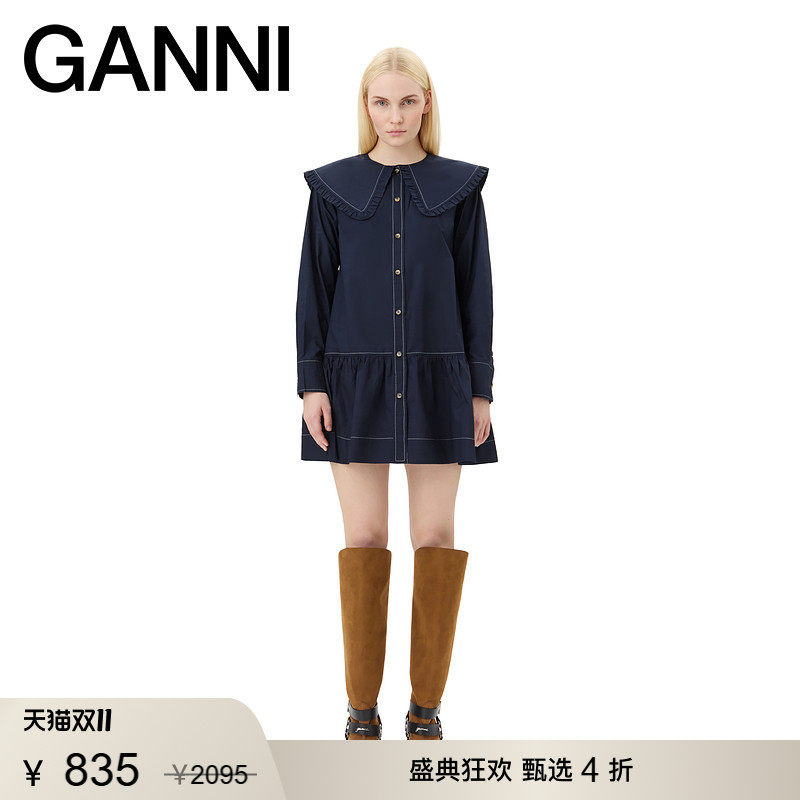 【甄选折扣】GANNI女装 海军蓝娃娃领秋长袖衬衫连衣裙 W0157683
