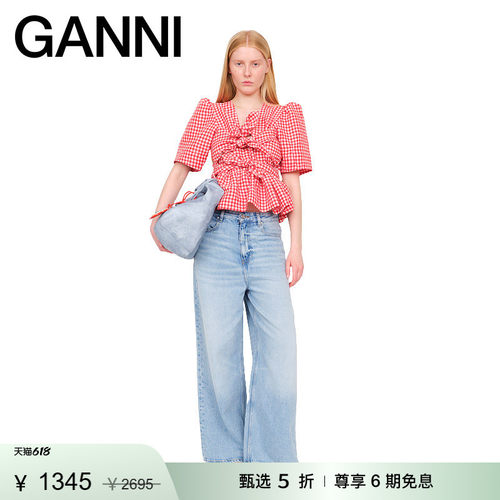 【惊喜首降】GANNI女装 红白格纹V领扭结法式上衣衬衫 W0843847