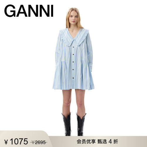 GANNI娃娃领约会连衣裙娃娃裙棉