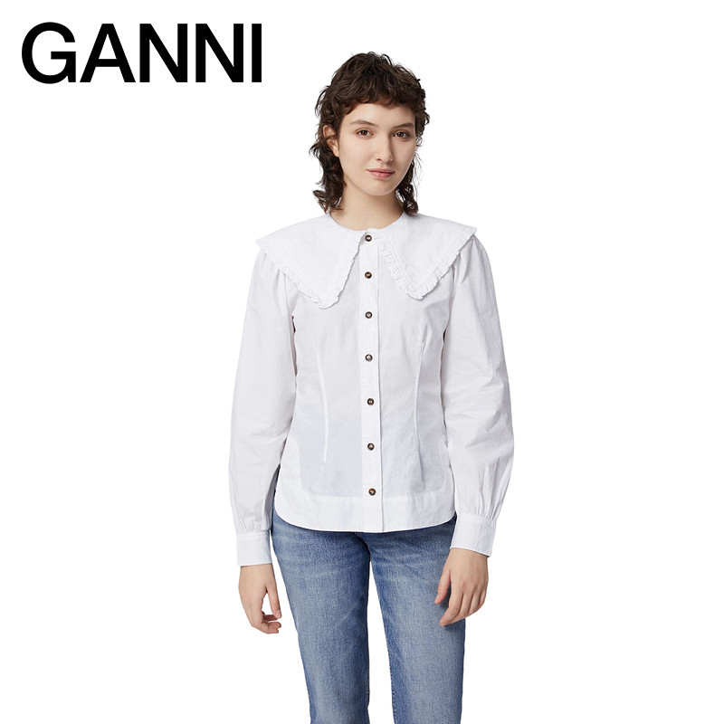 【独家惊喜盒】GANNI女装 法式娃娃领修身上衣白色衬衫 F5500151