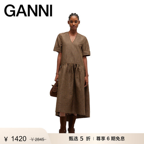 【甄选折扣】GANNI女装 复古法式V领衬衫连衣裙长裙 A1030137925