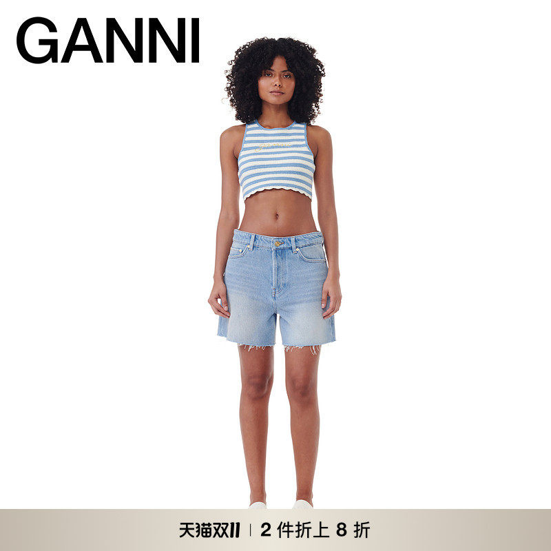 【甄选折扣】GANNI女装 刺绣LOGO条纹短款修身泳装背心 K2262561