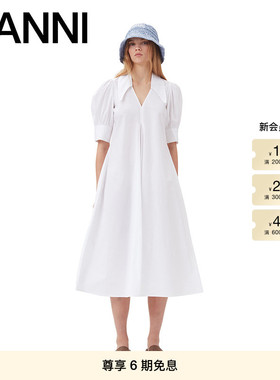 ganni女装 白色简约V领泡泡袖棉府绸连衣裙 F7127151
