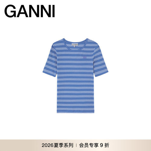 【新品会员9折】GANNI女装 蓝色条纹修身夏季短袖T恤 A1050256ZWF
