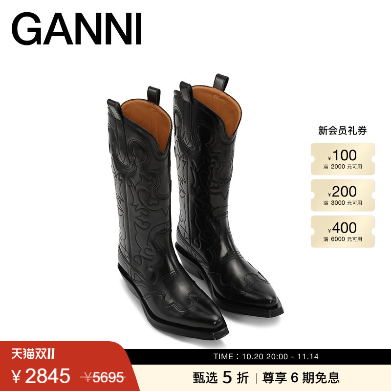 新品中筒刺绣西部靴GANNI
