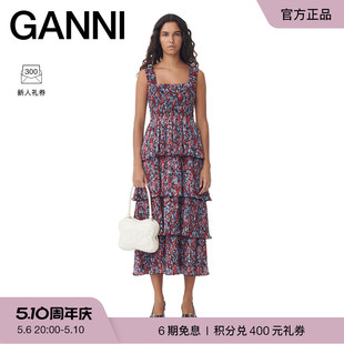 红色碎花荷叶边方领蛋糕裙连衣裙F9193472 GANNI女装