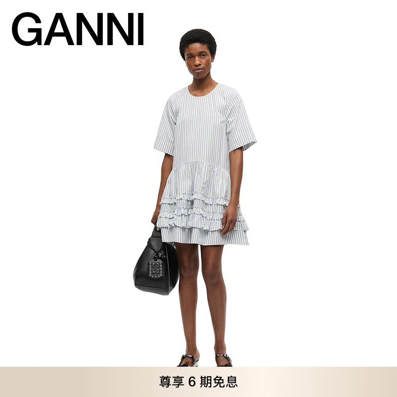 GANNI女装 条纹棉质法式系带气质短袖夏圆领短裙连衣裙 W0609135