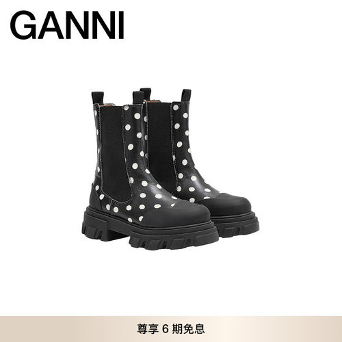 GANNI女鞋 黑色波点休闲圆头百搭厚底舒适短靴烟筒靴 B1010094099
