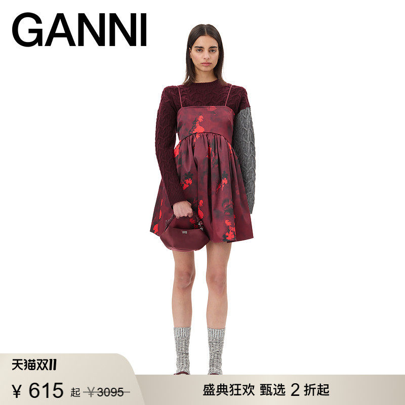 【甄选折扣】GANNI女装 印花缎面裙子夏季细吊带连衣裙 W0000047