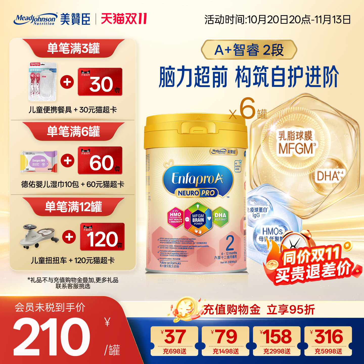 美赞臣港版A+智睿2段进口安婴宝HMO婴幼儿奶粉6-12月900g*6罐