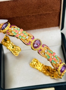 S925纯银新中式国风珐琅滴胶彩紫玉髓花朵戒指手镯镶钻手工饰品