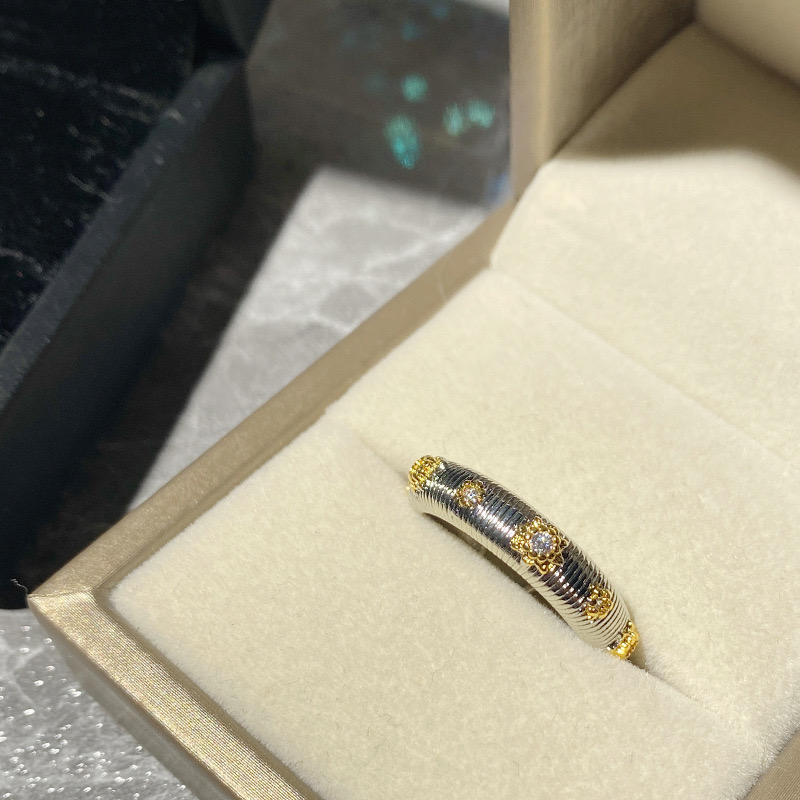 意大利布契双色拉丝雕花戒指女宫廷风开口复古镶钻食指指环可调节