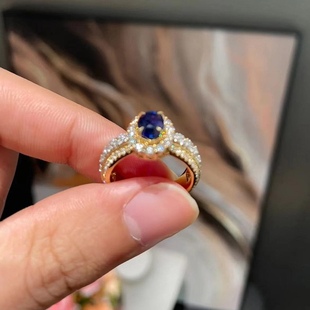 S925纯银厚镀18k金 8mm椭圆戒指 法式 蕾丝边仿真蓝宝石6
