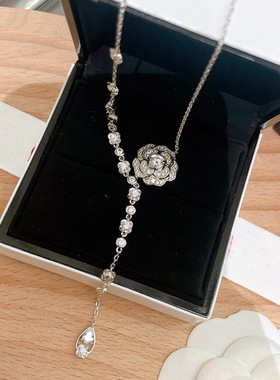 S925银山茶花水滴流苏项链ins高碳钻满钻轻奢5A锆石玫瑰花锁骨链