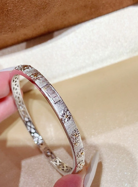 意大利中古S925纯银小雏菊立体浮雕小黄花拉丝手镯复古轻奢手环